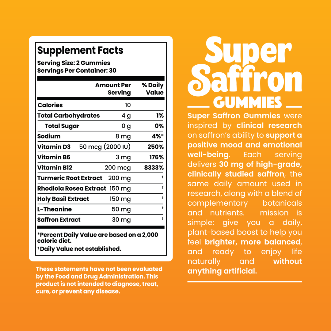 Super Saffron Gummies - Natural Mood, Focus & Stress Support Supplement + Clinically Studied Saffron